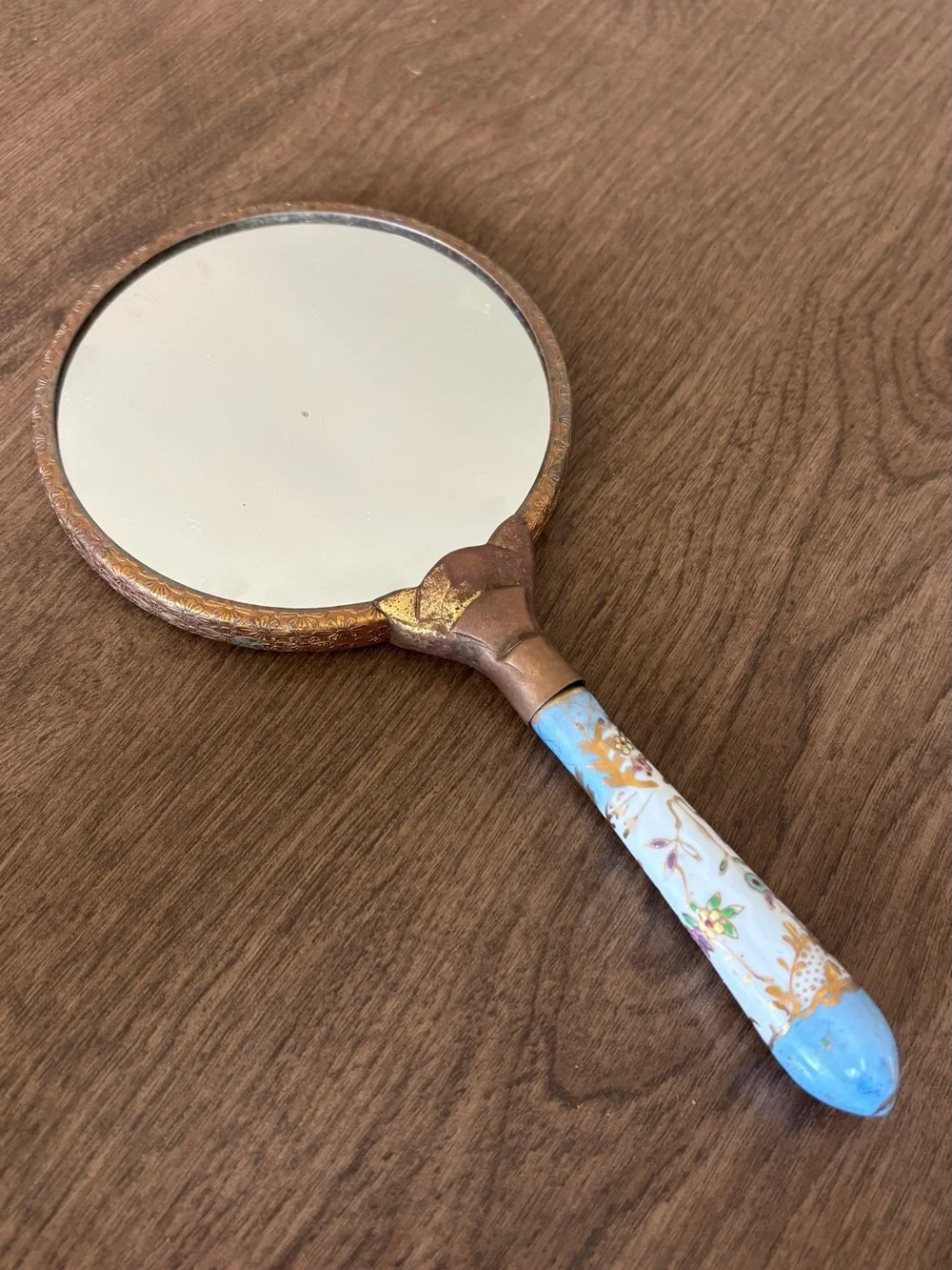 Vintage Hand Mirror with Blue Floral Porcelain Handle